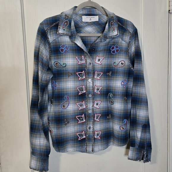 MISS ME VINTAGE BEADED SEQUIN PLAID FLANNEL Western SHIRT Size Medium - Picture 4 of 10